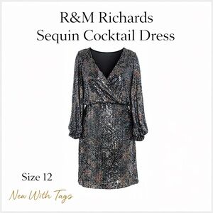 NWT R&M Richards Sequin Cocktail Dress 12 Black Multicolor V-Neck‎ Long Sleeve